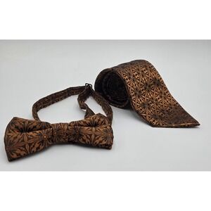 Enzo Brunatti Men's Bronze Black Geometric Floral Necktie and Bow Tie Set
